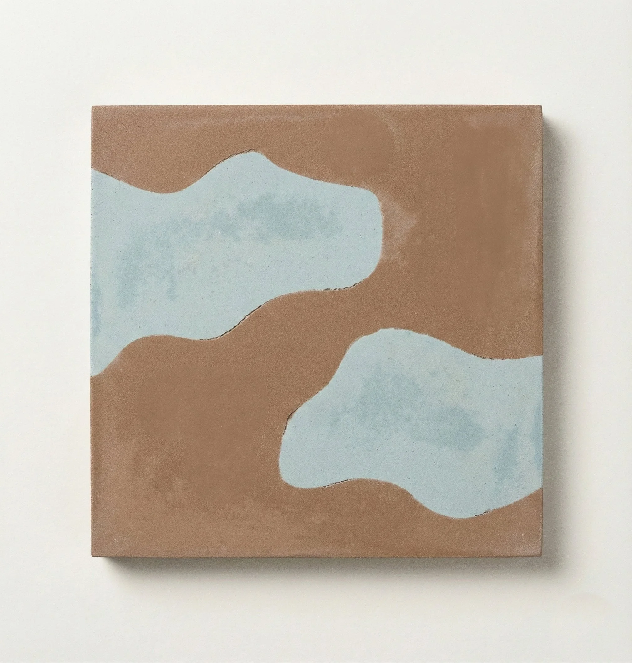 Abstract painting with light blue and brown shapes on a white background.