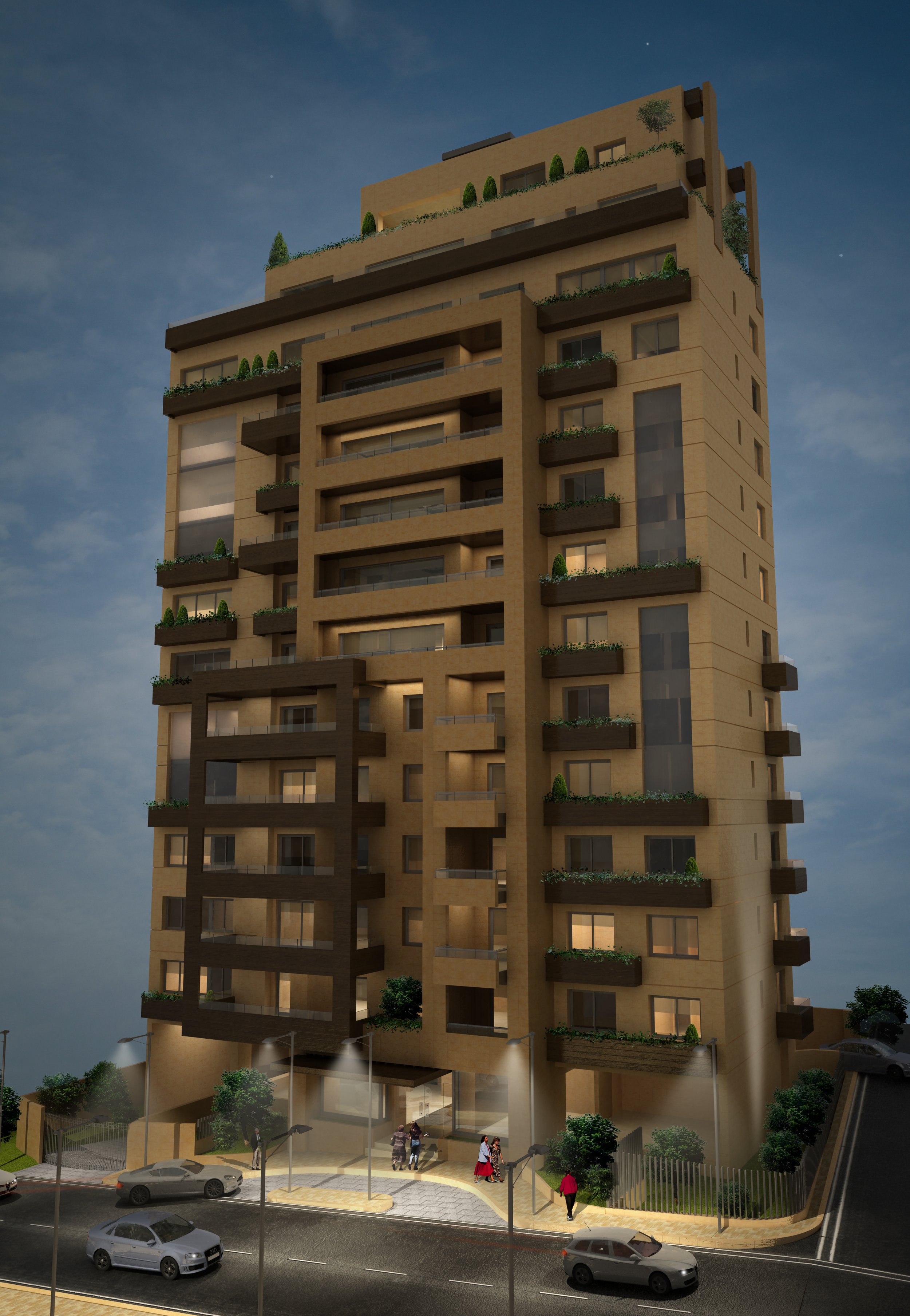 Modern high-rise apartment building at night with street lights and landscaping