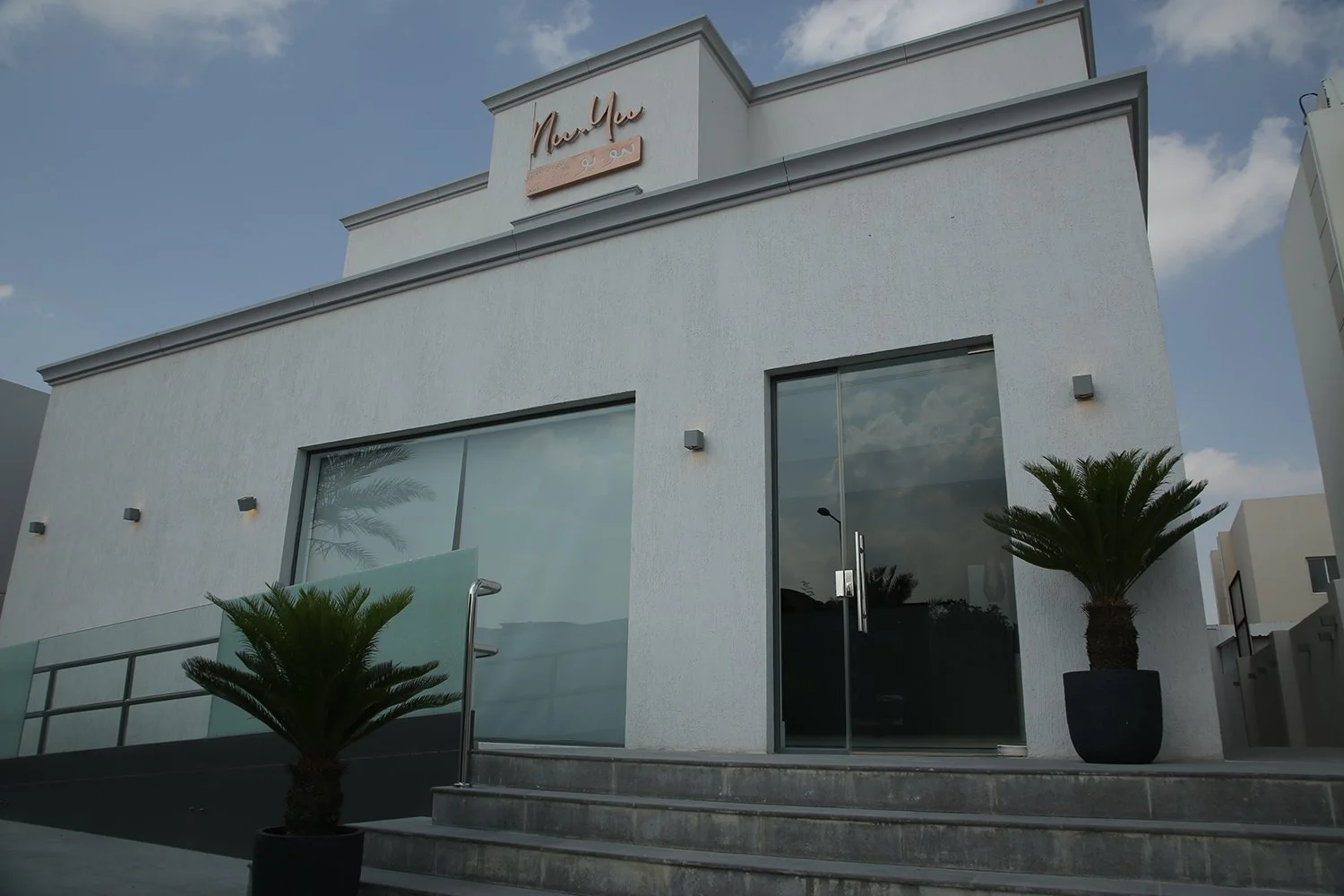 The villa's exterior mirrors the interior's minimalist design with clean lines, neutral colors, and functional features. A dedicated pathway for disabled individuals and thoughtful lighting enhance accessibility and inclusivity.