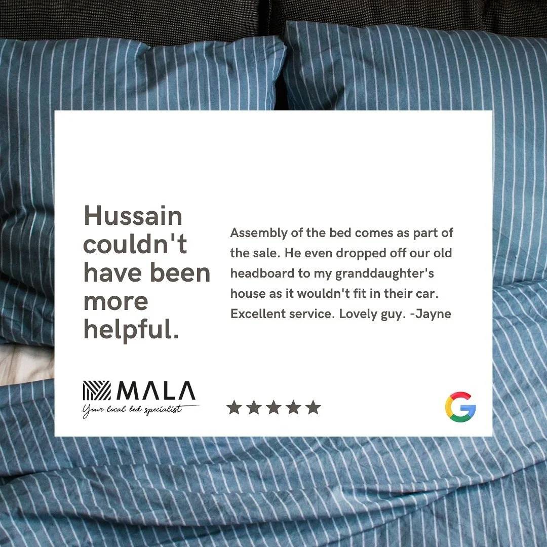 A glowing review from one of our customers. Thank you Jayne! ✨

We pride ourselves on our personal touch at Mala Beds. That means we will help you with every step, from choosing your bed to delivery and installation. 

Come and browse our showroom in