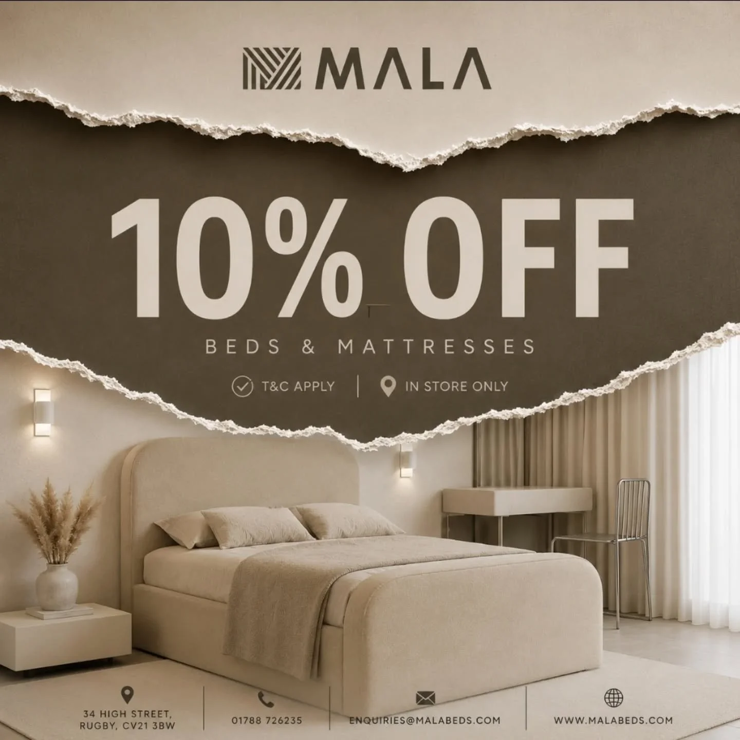 A bedroom upgrade never goes out of style.

Enjoy 10% off beds &amp; mattresses for a limited time.

T&amp;Cs apply. In store only.

📍 34 High Street, Rugby, CV21 3BW
📞 01788 726235
✉️ enquiries@malabeds.com
🌐 www.malabeds.com

#bedroominspo #warw