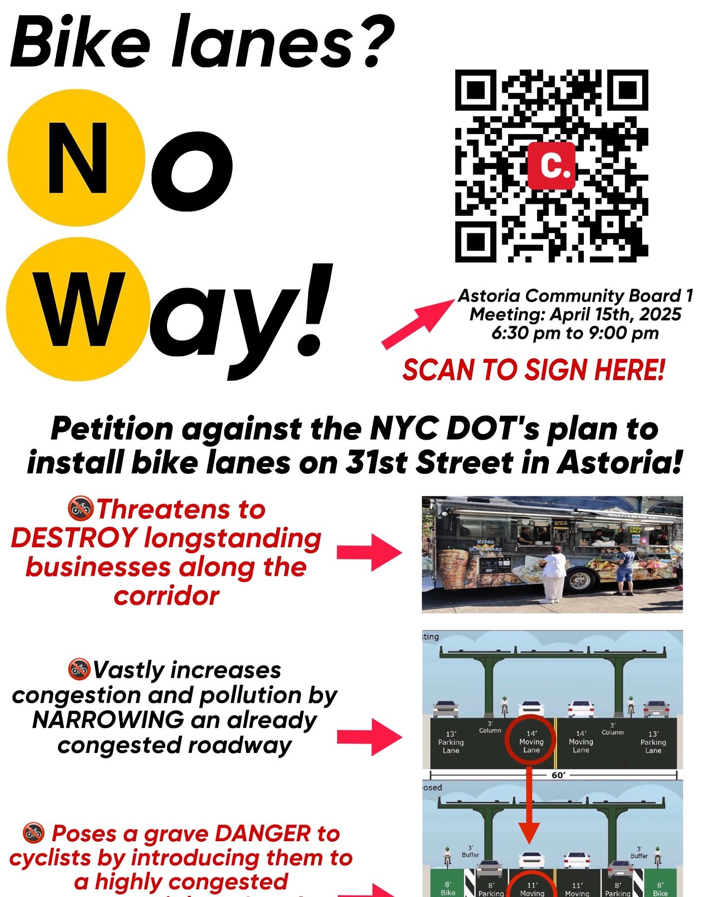 @nyc_dot is proposing the installation of bike lanes along 31st St. from Newtown Avenue to 36th Ave. Petitions are going around and what appears to be a newly formed "31st St. Business Owners Coalition" will be leading protest in oppositio