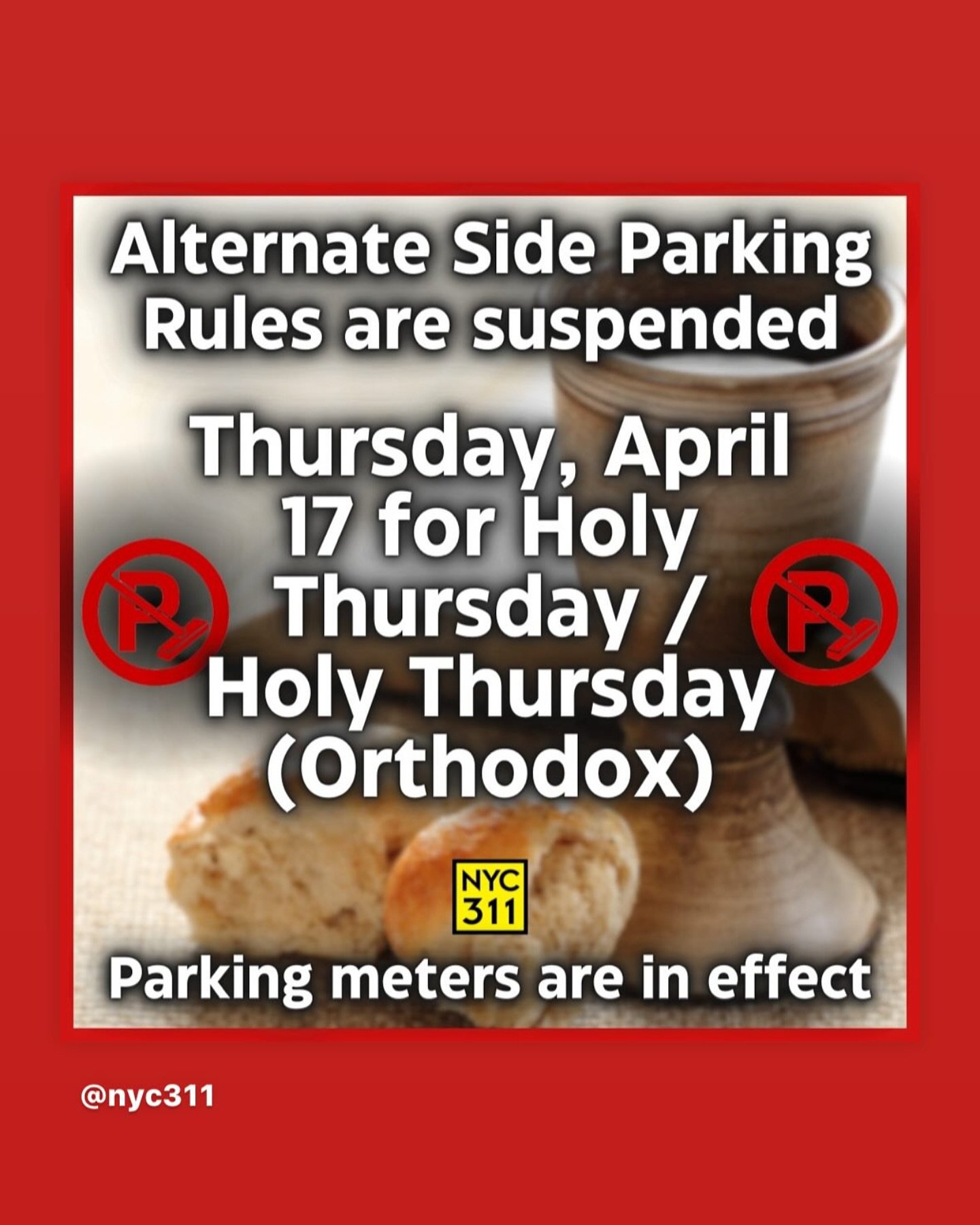 Alternate Side Parking is Suspended in NYC for Thursday 4/18 in observance of Holy Thursday #parking #astoria #queens #bronx #brooklyn #manhattan #traffic