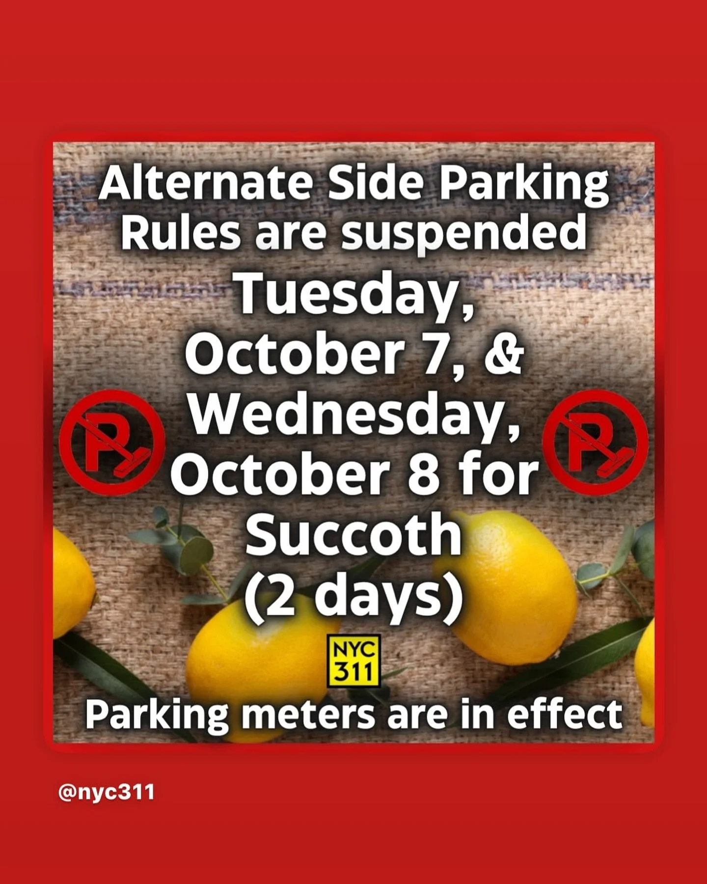Ultimate side Parking will be suspended for Tuesday and Wednesday for Succoth #Parking #NYC #Astoria #Queens #Bronx #Brooklyn