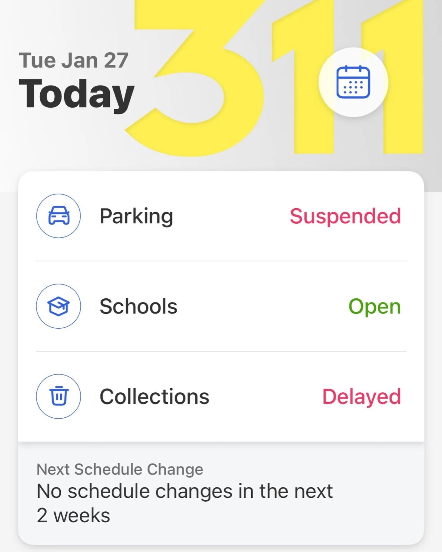 No alternate side parking today because of snow. Trash pickup is also delayed as sanitation crews focus on clearing snow.