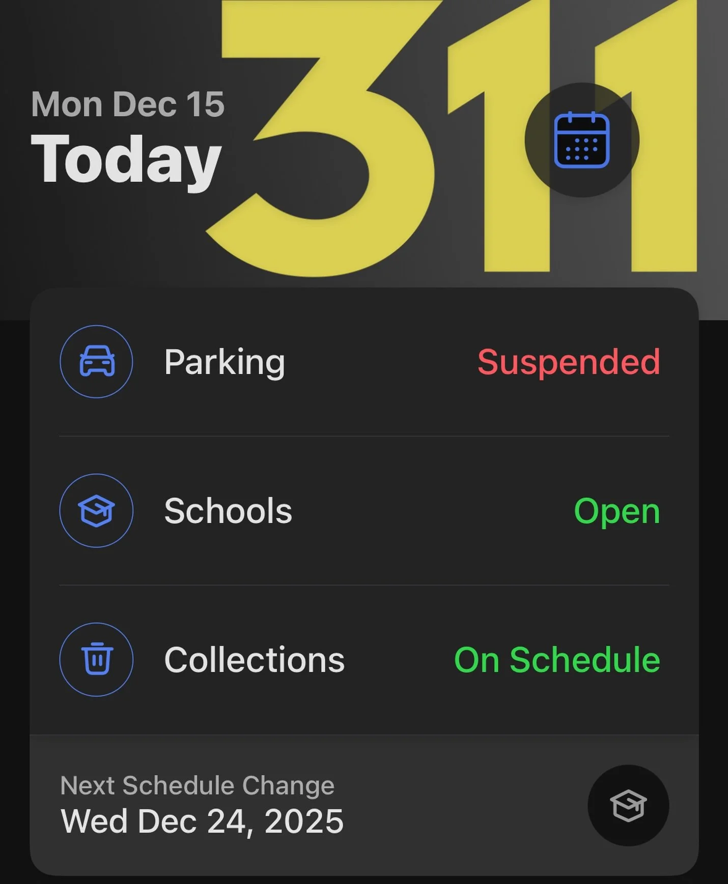 Alternate Side Parking is Suspended. Schools are still open. Dress Warm.