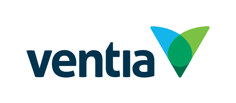 Ventia Logo with water drop symbol and abstract blue and green shapes.
