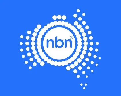 NBN logo with Blue background with white circular patterns and the text 'nbn' in the center.