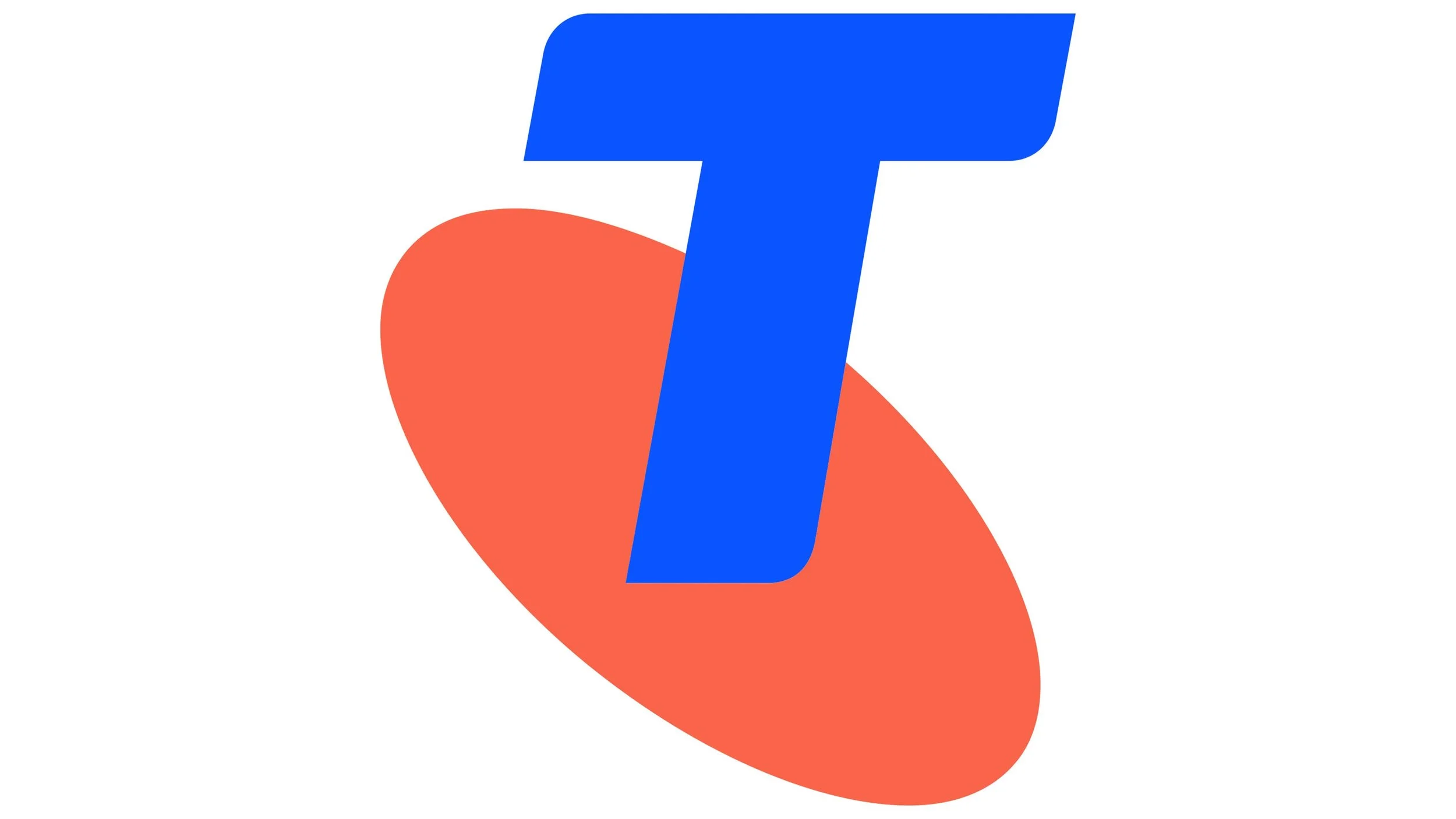 Telstra logo with a large red-orange shape and a thick vertical blue line intersecting it.
