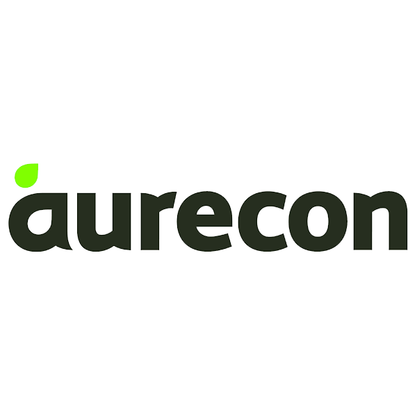 Aurecon logo with a black background displaying the word 'aurecon' in lowercase black text, with a green leaf shape above the letter 'a'.