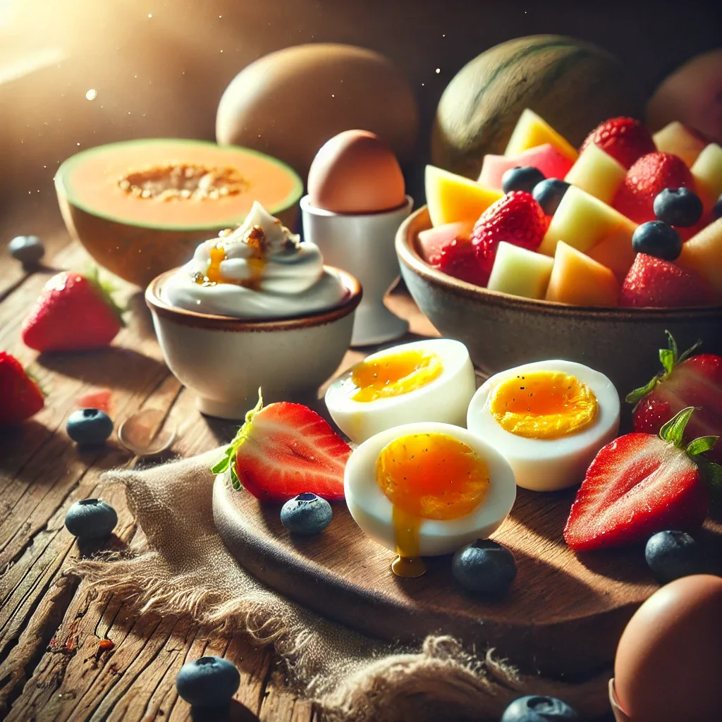 DALL·E 2024-11-10 15.01.49 - A detailed image of a breakfast scene featuring boiled eggs, a bowl of fruit salad, and a serving of yogurt on a rustic wooden table. The boiled eggs .webp