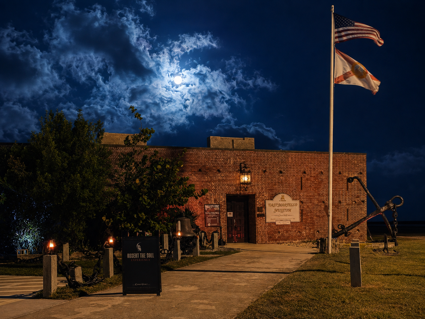 Fort East Martello Museum in Key West at night beneath a moonlit sky