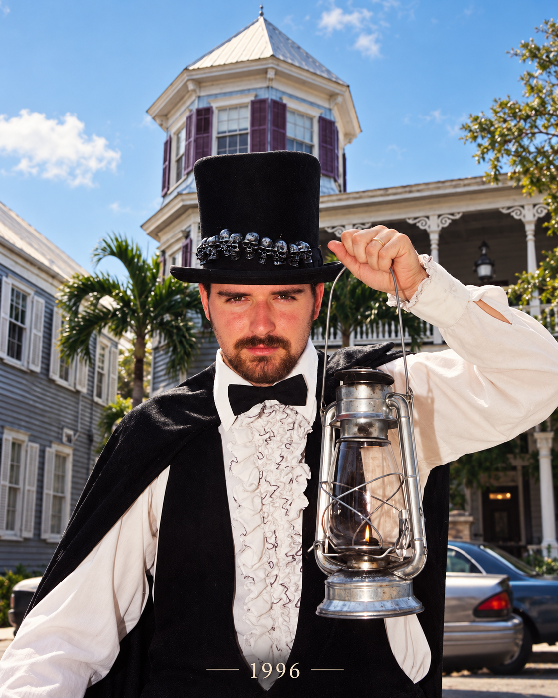 David L. Sloan as a Key West ghost tour host with top hat and lantern in 1996.