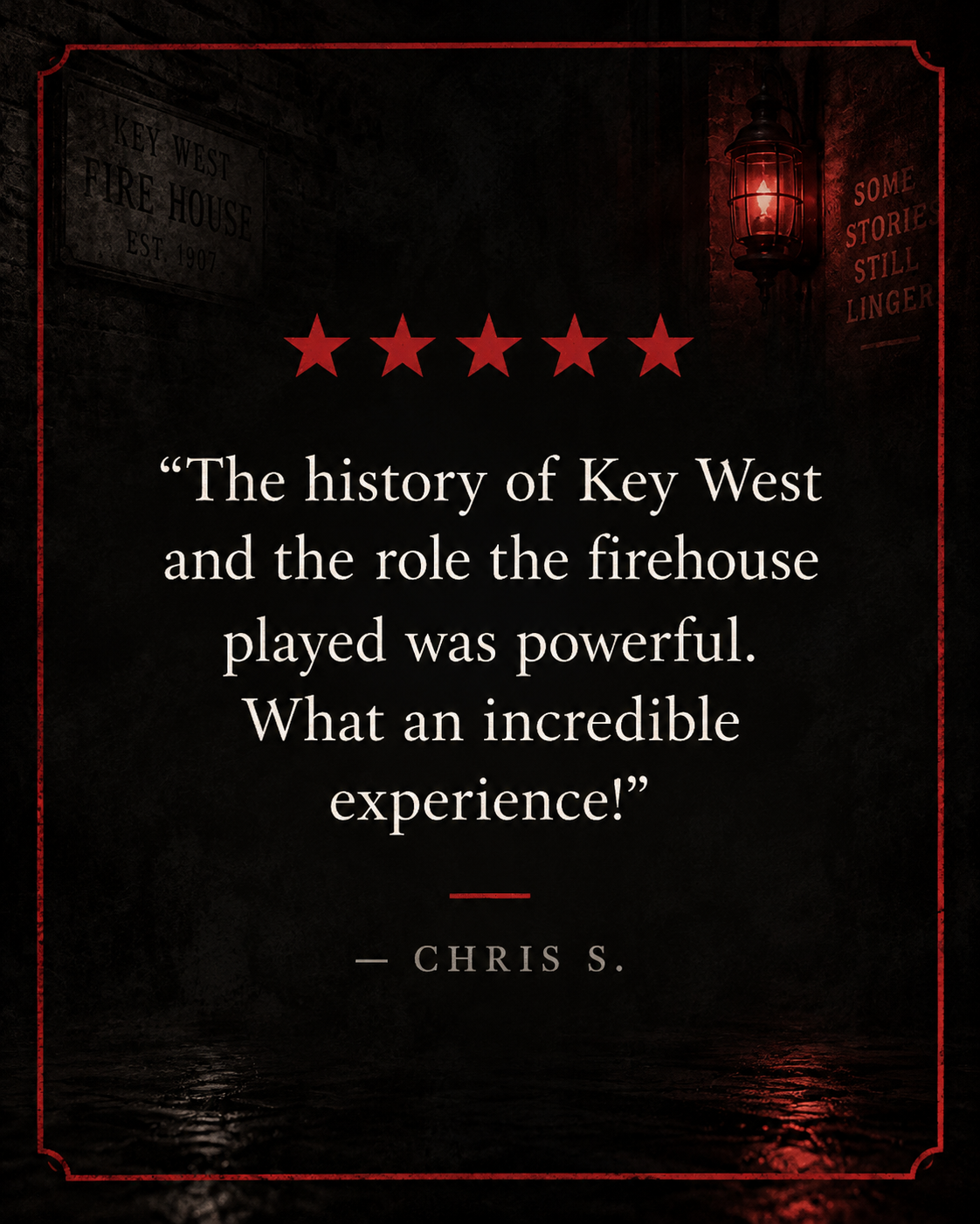 Five-star guest review praising the history and experience of the Key West firehouse