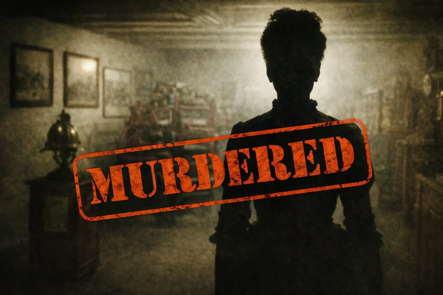 Silhouette of a person seen through a foggy window with a "Murdered" stamp overlayed on the image.