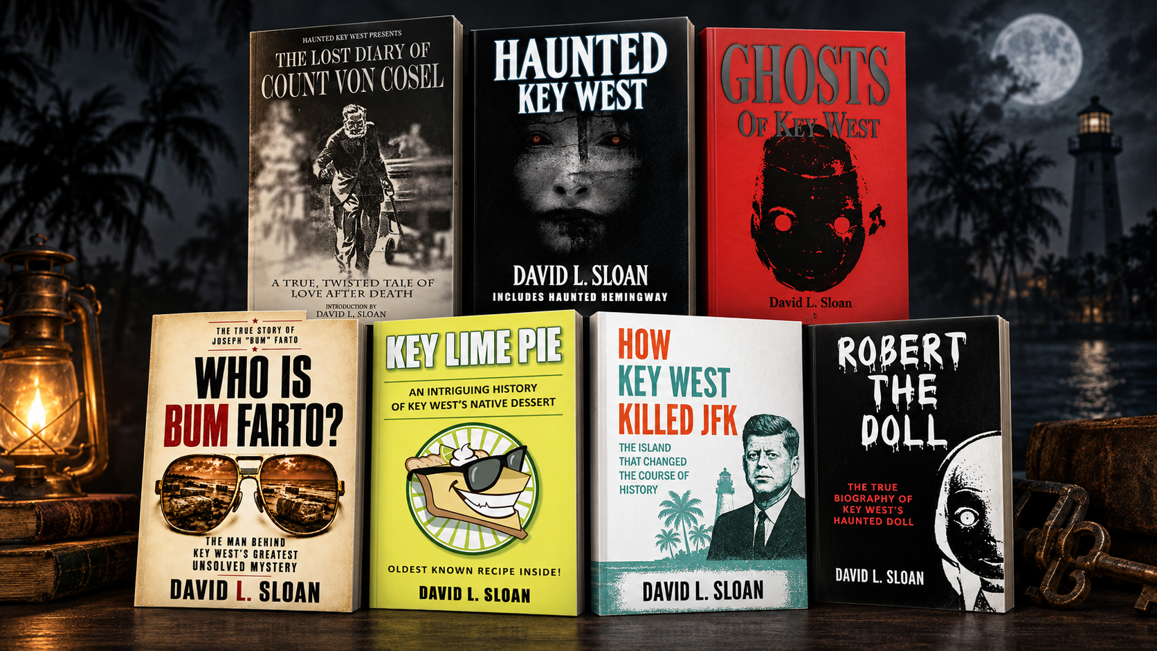 Selected books by Key West author David L. Sloan on ghosts, Robert the Doll, Key lime pie, JFK and Bum Farto.