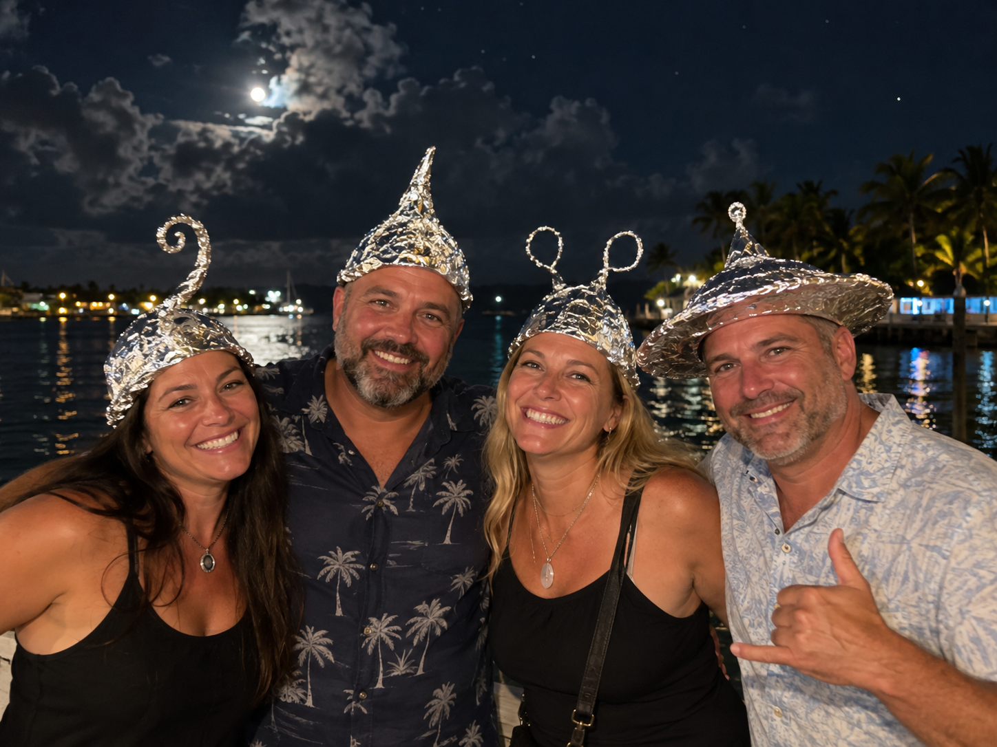 Guests wearing foil hats after a Key West UFO Tour