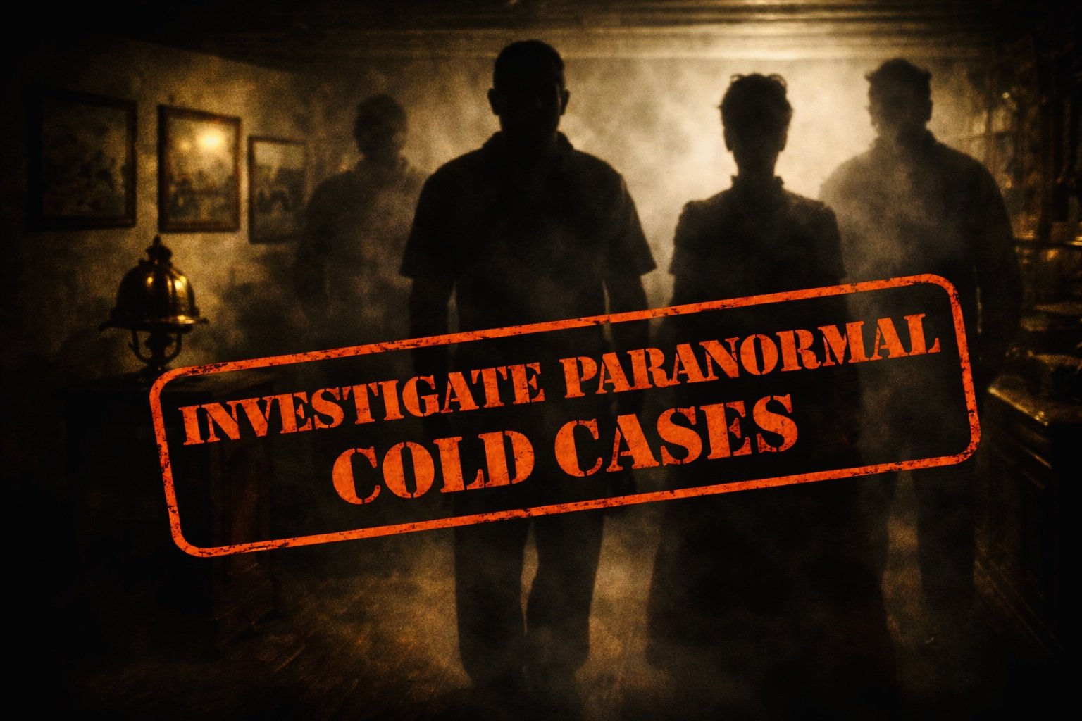 Silhouettes of four people walking through a smoky, dimly lit room with framed pictures on the wall, overlaid with a red stamp that reads 'Investigate Paranormal Cold Cases'.