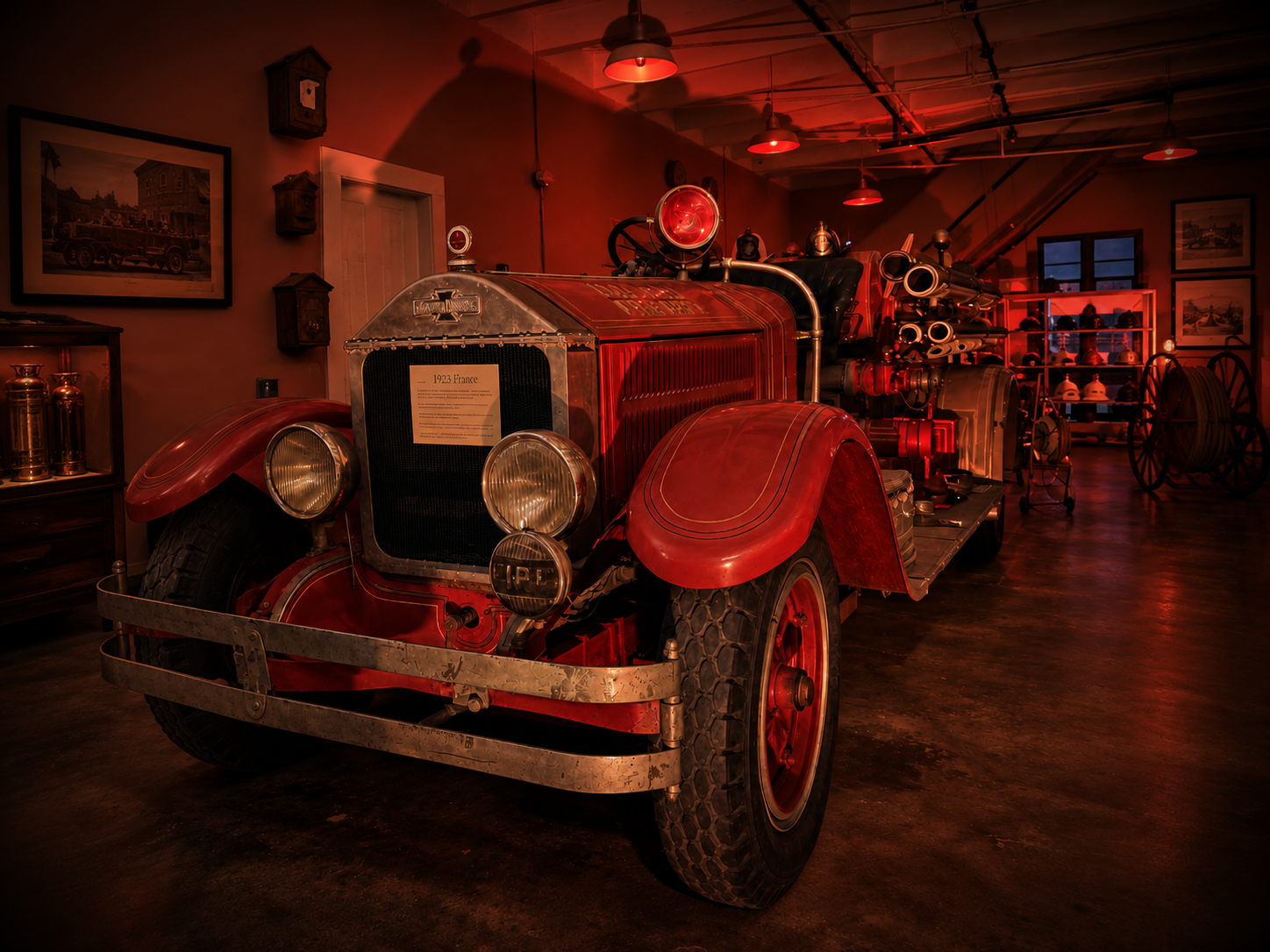 1929 fire engine inside the Alex Vega Key West Firehouse Museum under atmospheric red lighting