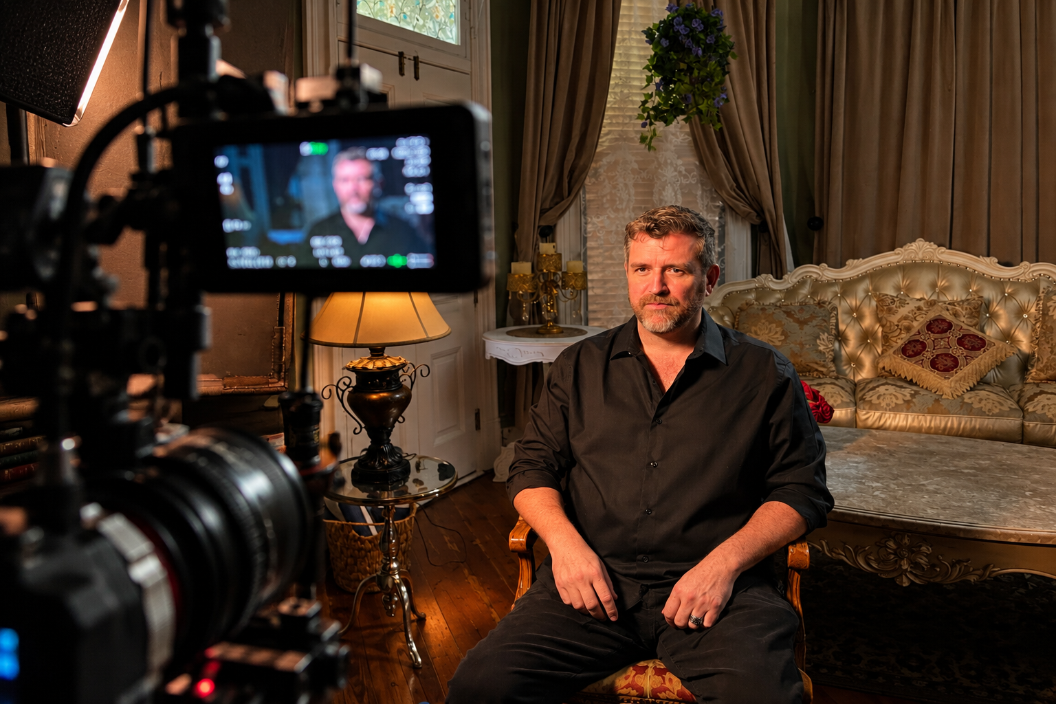 David L. Sloan filming an interview for The Curse of Robert the Doll in Key West.