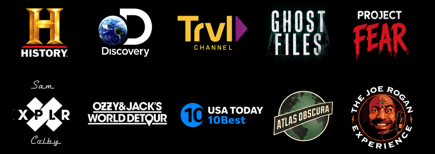 Logos of media outlets and programs that have featured, recognized, or investigated Ghost Key West, including History, Discovery, Travel Channel, Ghost Files, Project Fear, Sam & Colby, Ozzy & Jack’s World Detour, USA Today 10Best, Atlas Obscura,