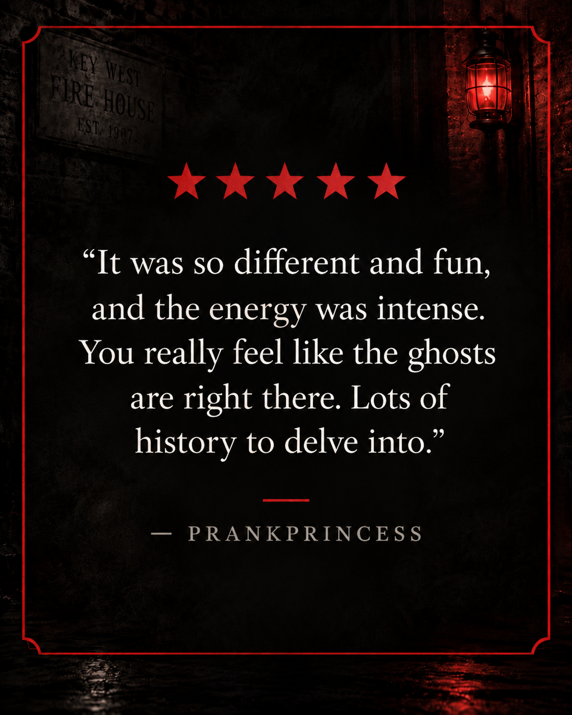Five-star guest review describing intense energy and paranormal experiences inside the firehouse