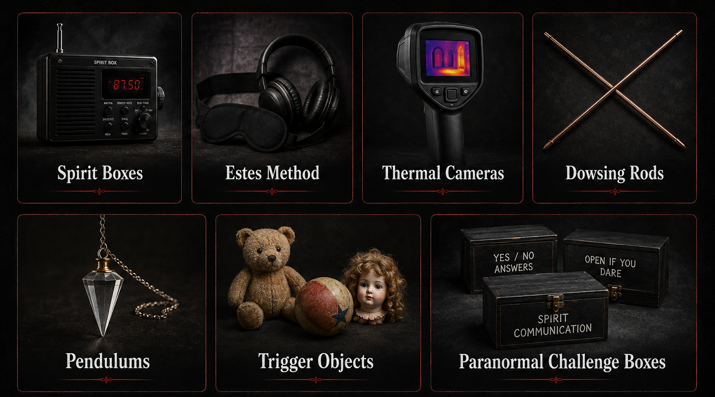 Paranormal investigation equipment used at Fort East Martello, including spirit boxes, thermal cameras, dowsing rods, pendulums and trigger objects