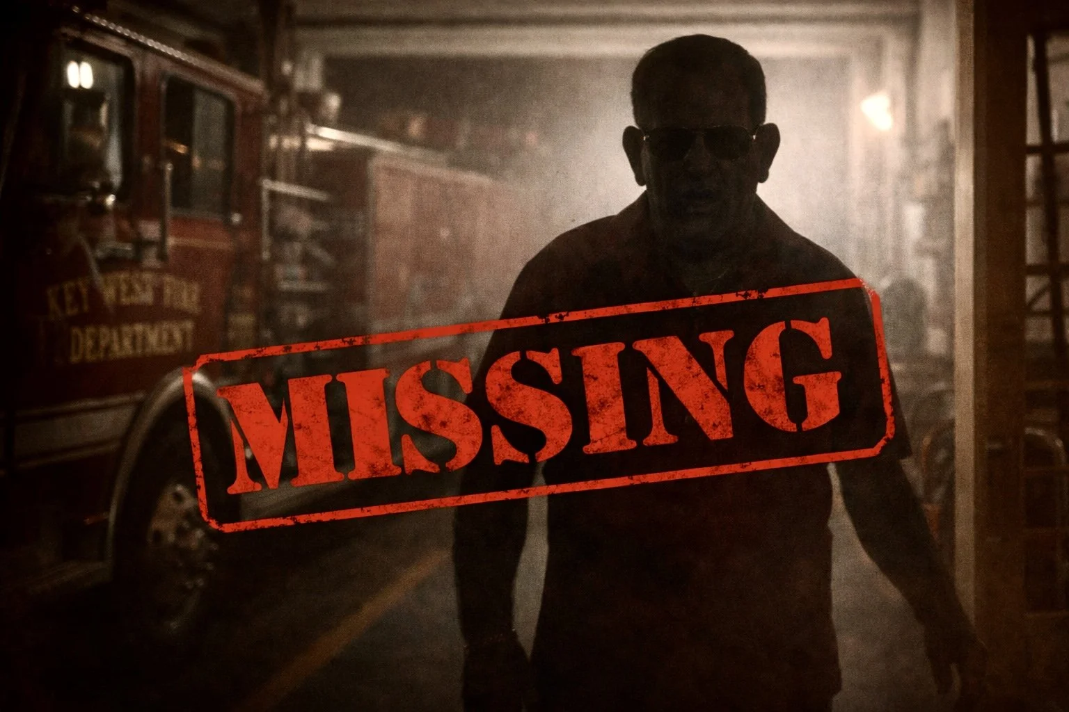A person wearing sunglasses standing behind a large red 'MISSING' sign in a dimly lit room.