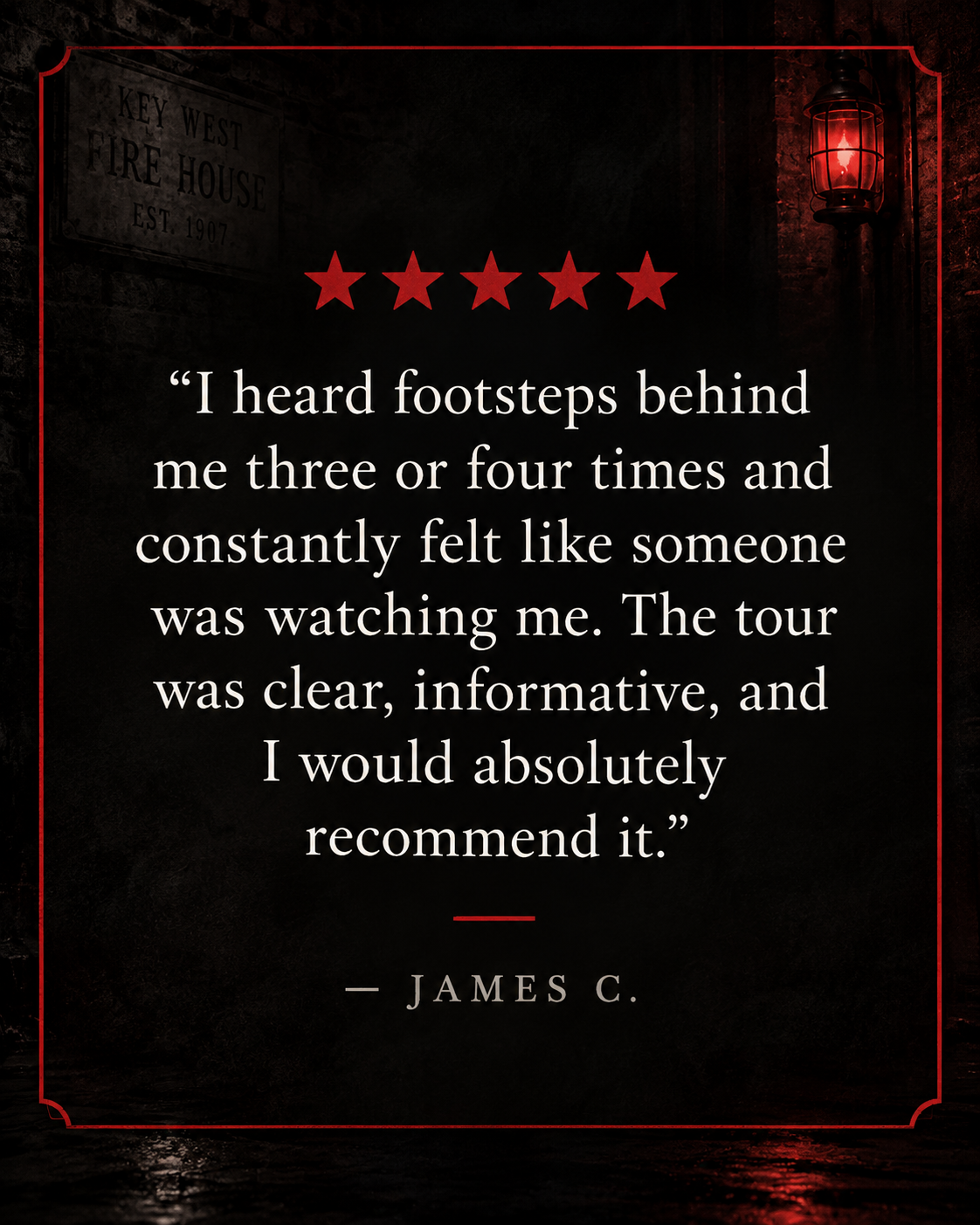 Five-star guest review describing unexplained footsteps and the feeling of being watched inside the firehouse