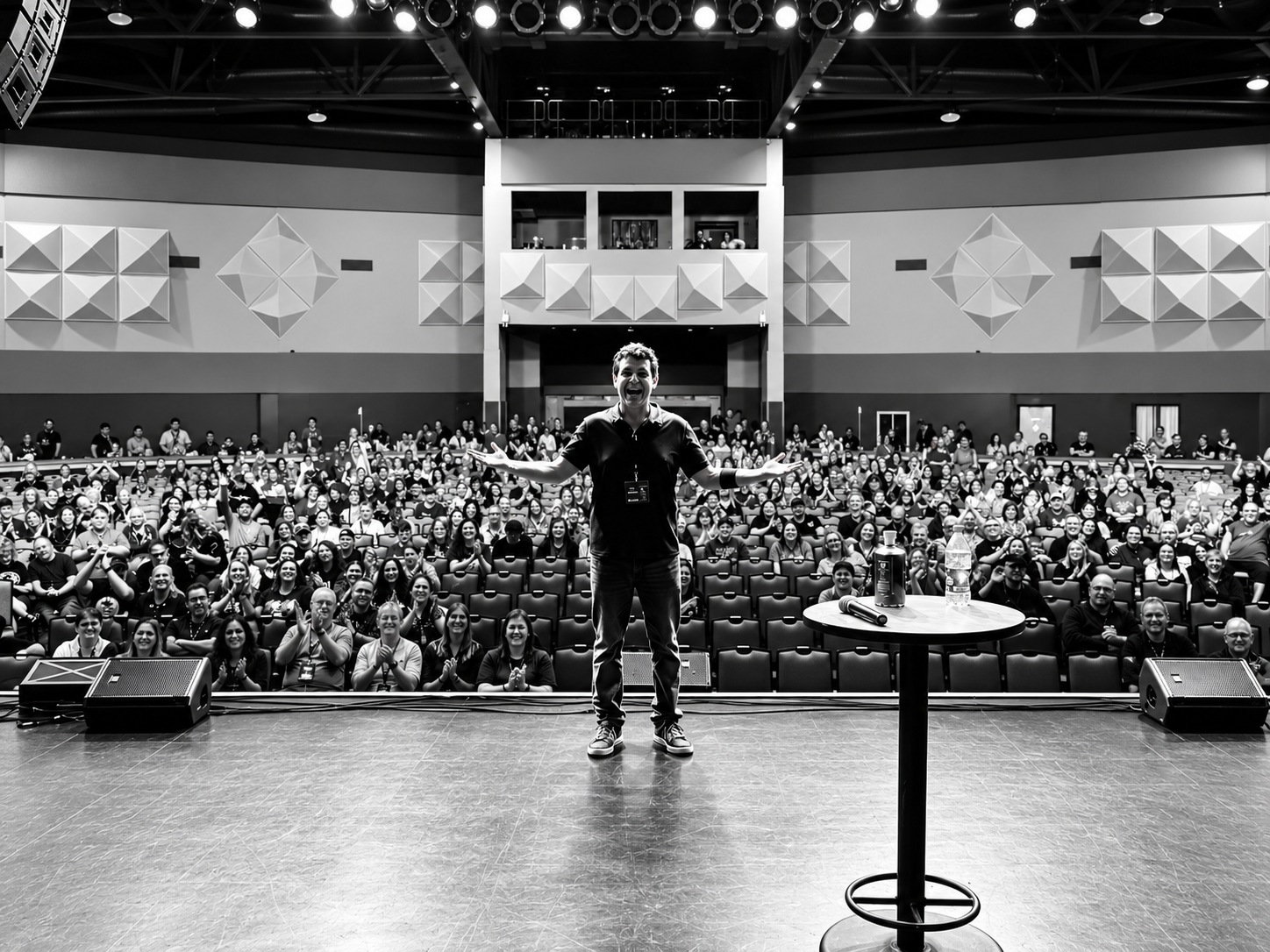 David L. Sloan speaking to a large audience at a paranormal convention.