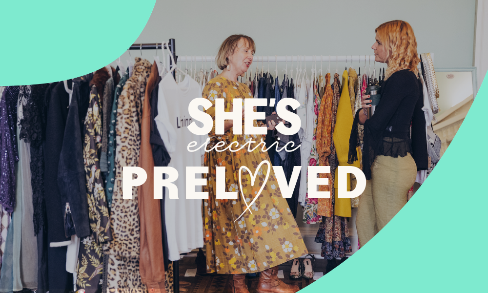 She's Electric preloved event logo overlaid on women shopping