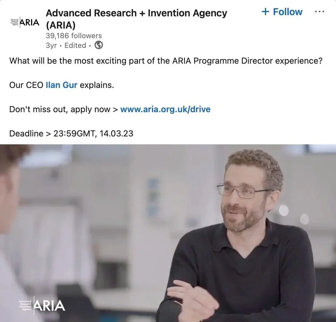 Screenshot of an ARIA LinkedIn post promoting its Programme Director recruitment campaign, featuring CEO Ilan Gur in a video