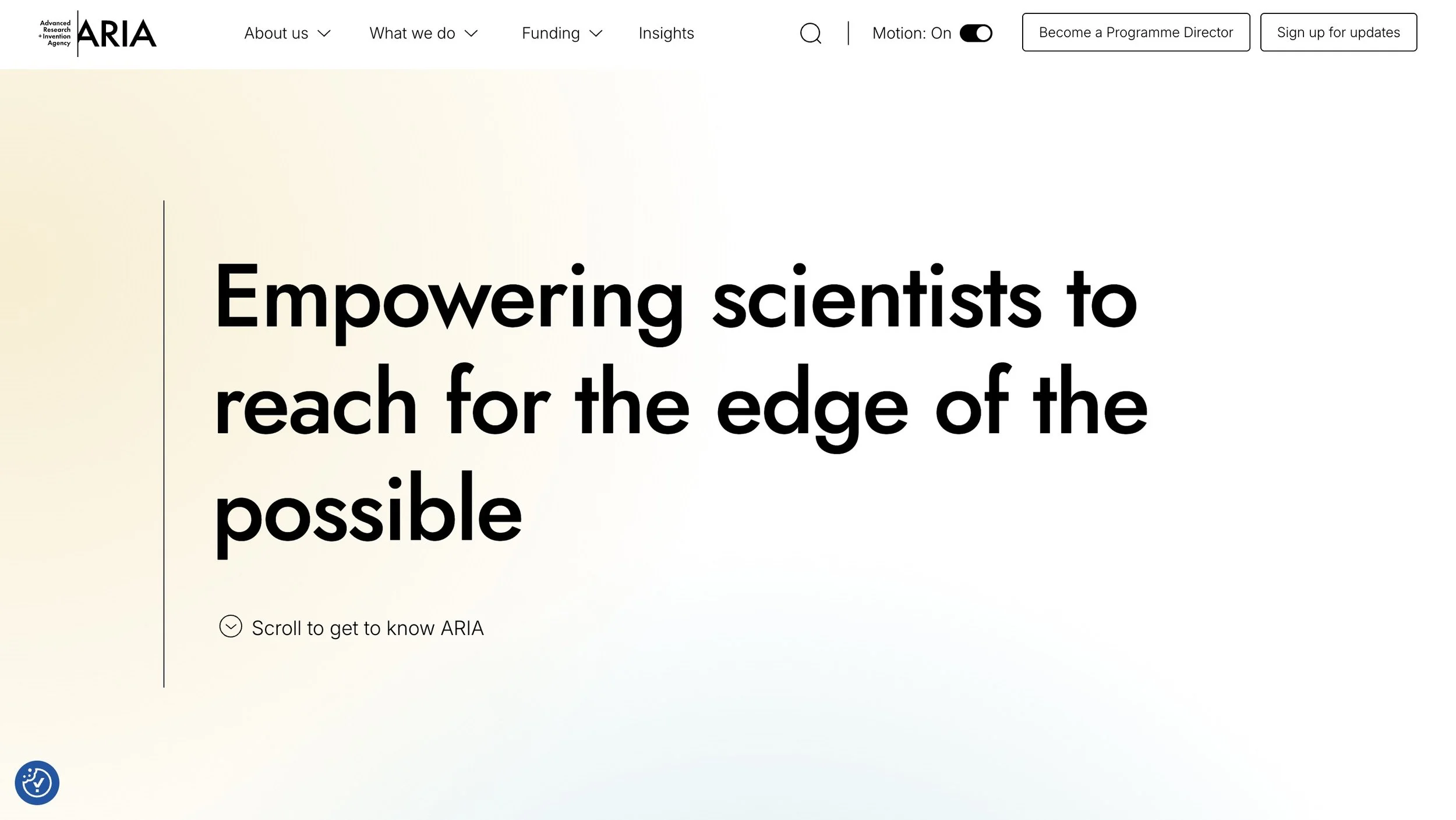 Screenshot of the ARIA homepage featuring the headline "Empowering scientists to reach for the edge of the possible