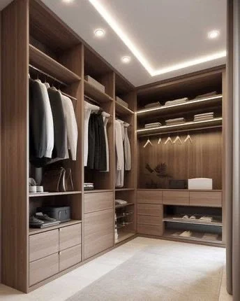 Modern walk-in closet with wooden shelves, hanging clothes, and storage drawers, illuminated by ceiling lights.