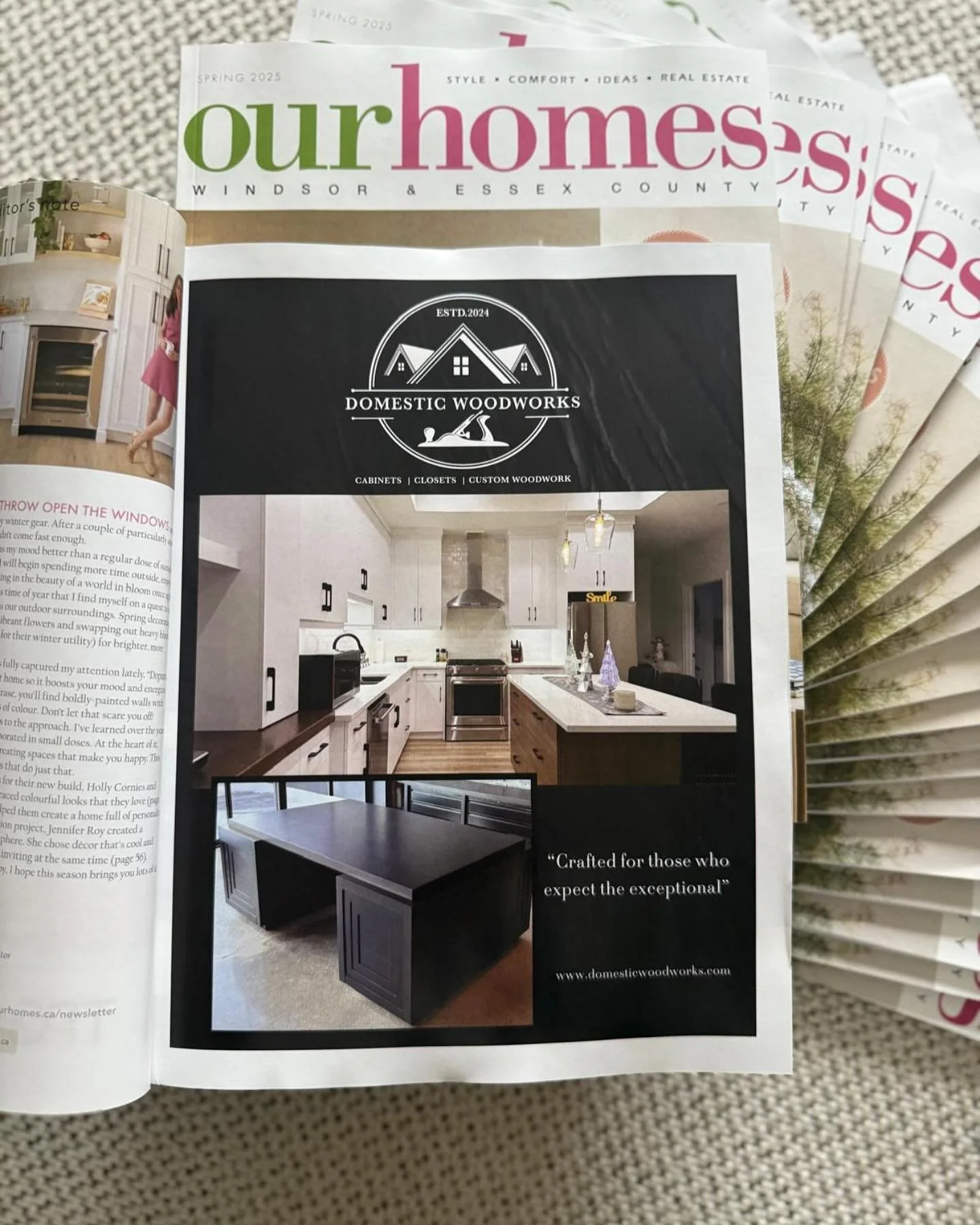 We&rsquo;re in print!
Domestic Woodworks is featured in the Spring 2025 issue of Our Homes Windsor &amp; Essex County.

From concept to creation, every cabinet, closet, and custom piece we build is crafted for those who expect the exceptional.

Thank
