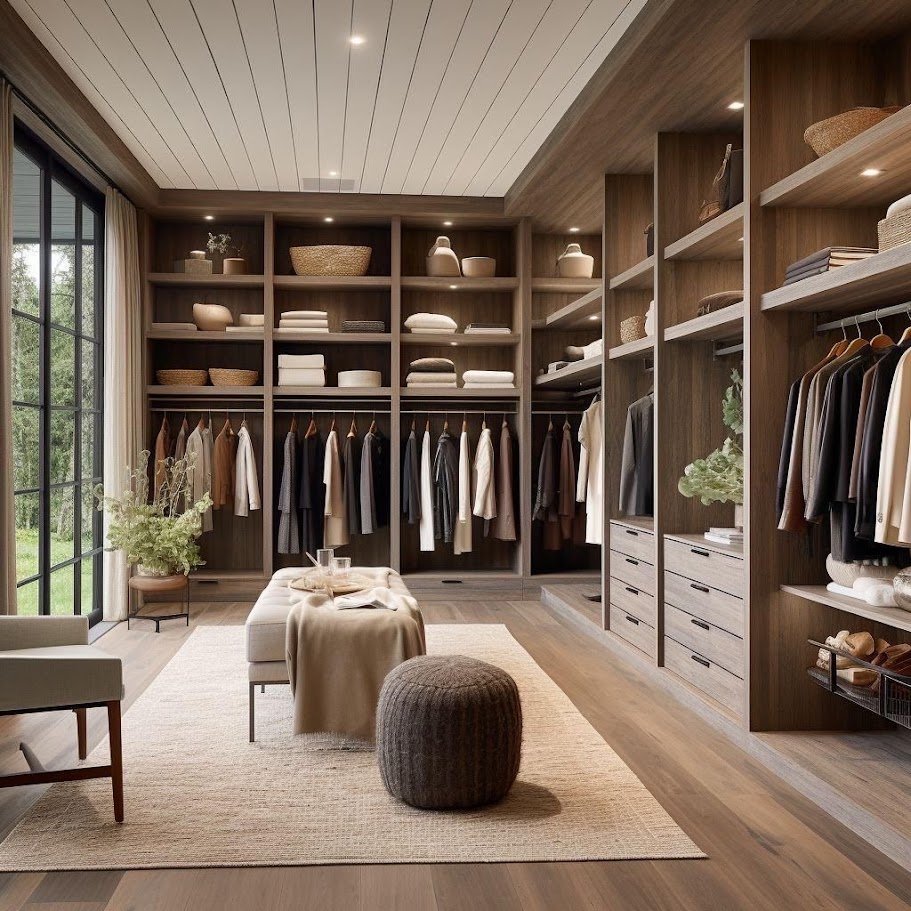 A spacious walk-in closet with wooden shelving and hanging space for clothes, a beige bench with a blanket, a round gray pouf, a chair near a large window, and decorative baskets and folded clothes on the shelves.
