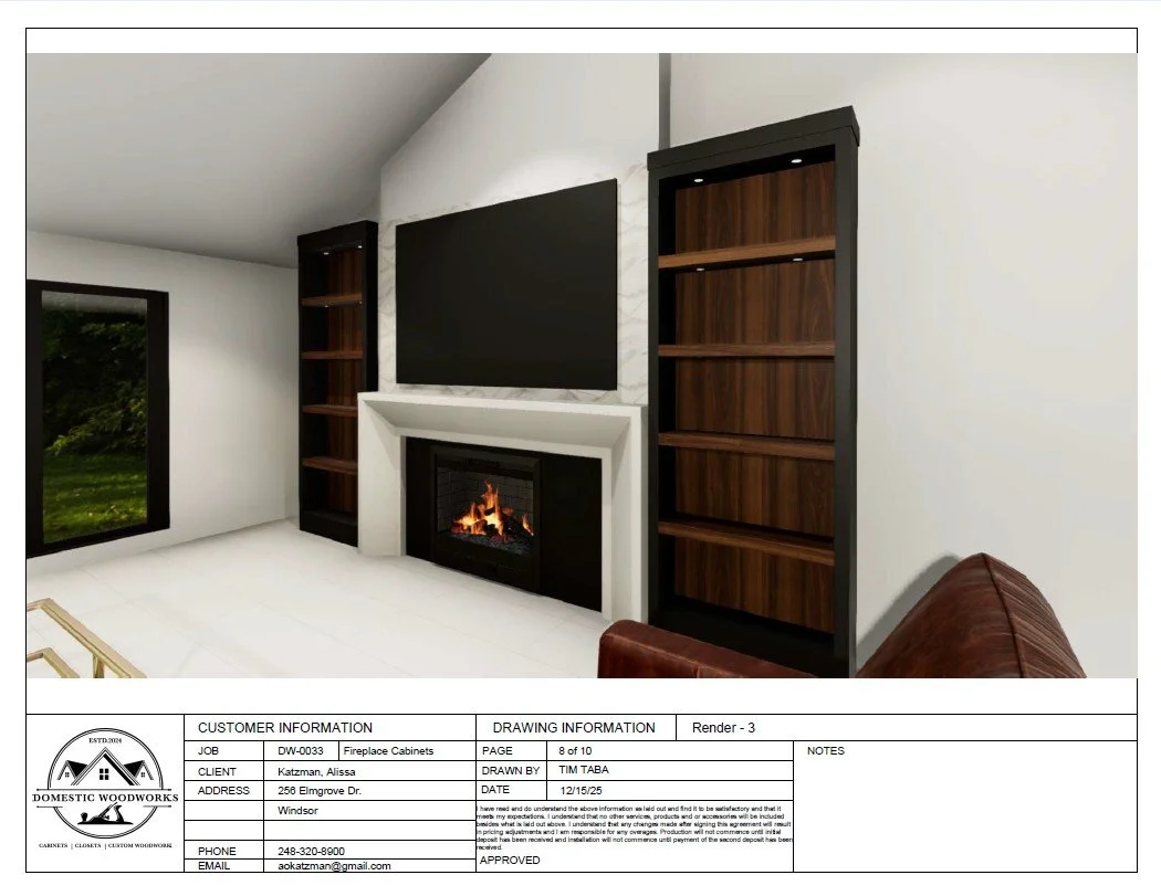 Living room with a fireplace, a large flat-screen TV above the fireplace, and two tall wooden bookshelf units on either side of the fireplace.