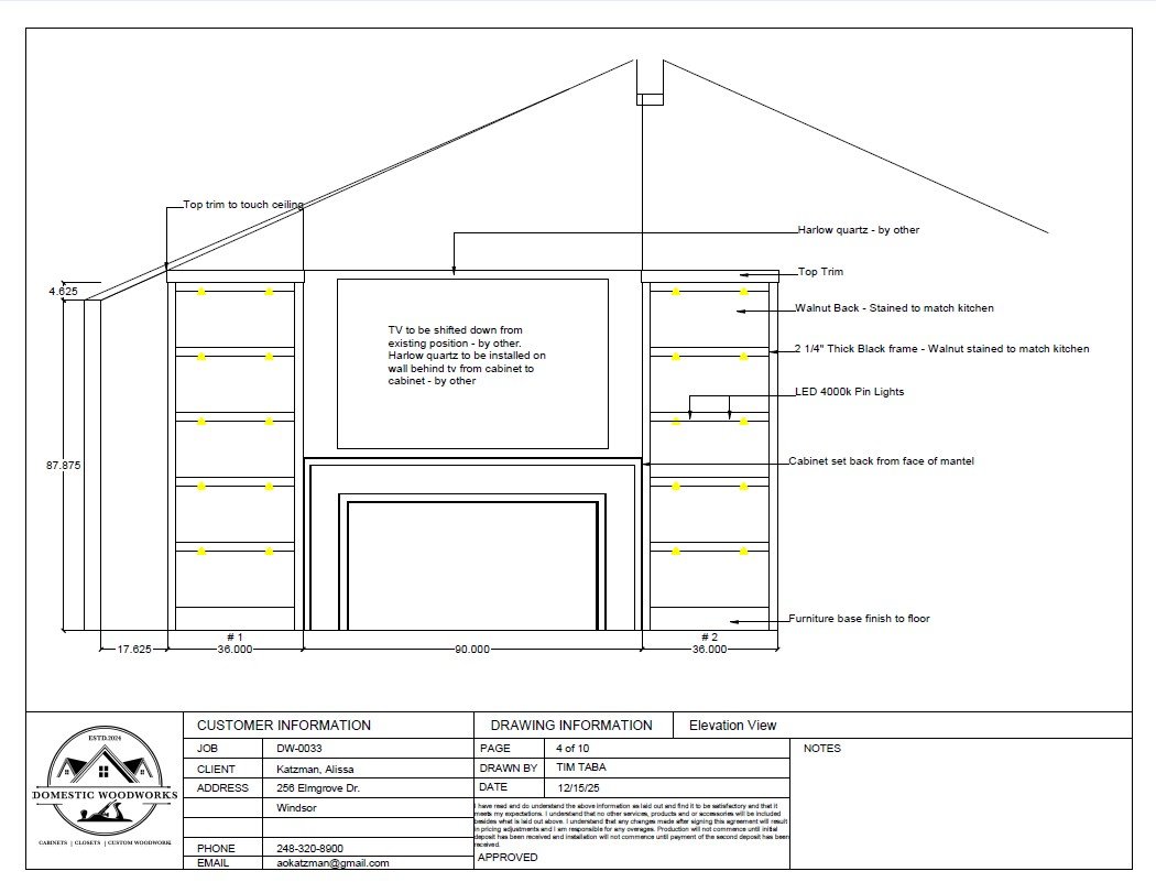 Detailed elevation view of a custom fireplace and wall unit design for a living room, including shelves, lighting, and cabinet details.