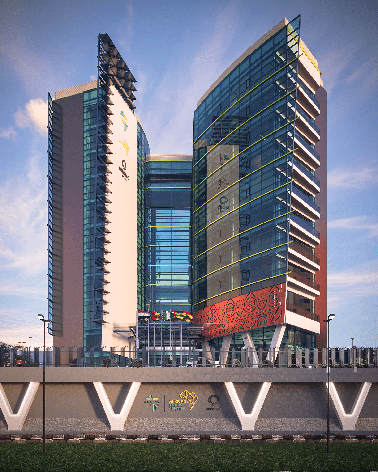 Modern multi-story office building with glass facade, flags at entrance, and signage indicating it is the African Trade Centre.