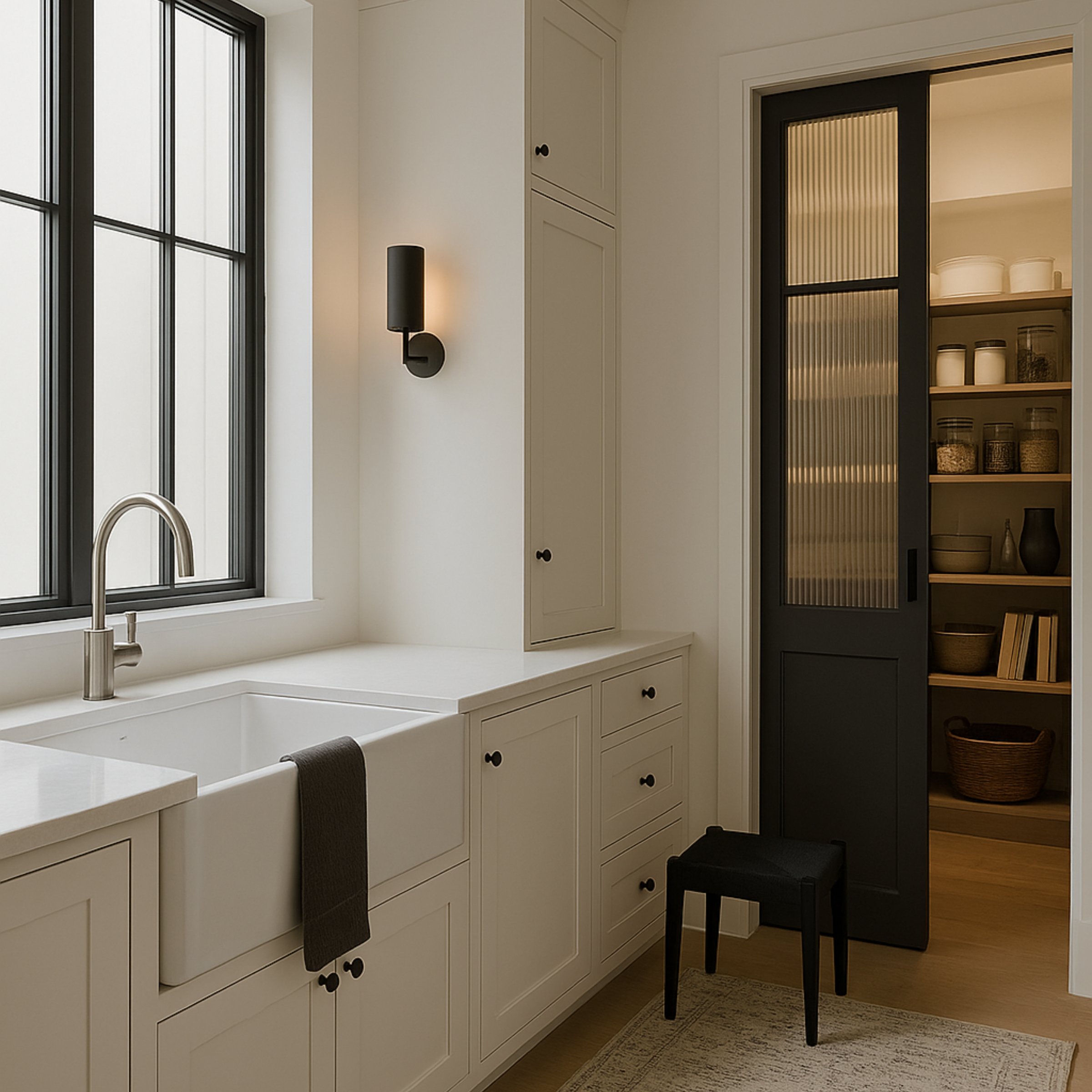 A modern kitchen with white cabinetry, a large window, and a black-framed pantry with glass doors. There is a black wall sconce light and a black stool near the pantry.