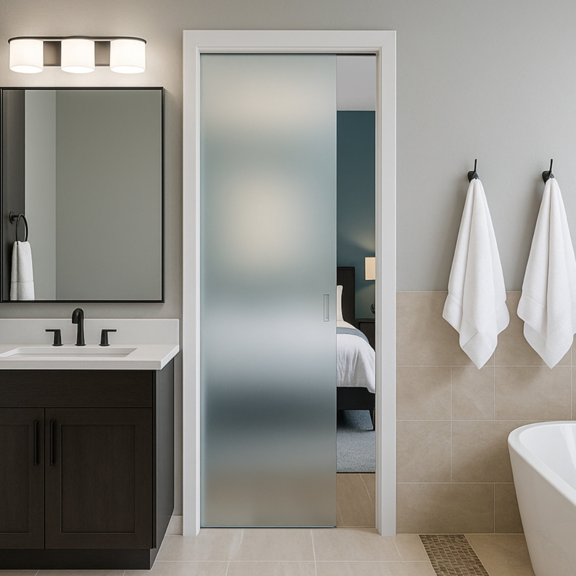 Bathroom with a frosted sliding glass door leading to a bedroom, dark vanity with sink, large mirror with three light fixtures, two white towels hanging on hooks, and a bathtub on the right.