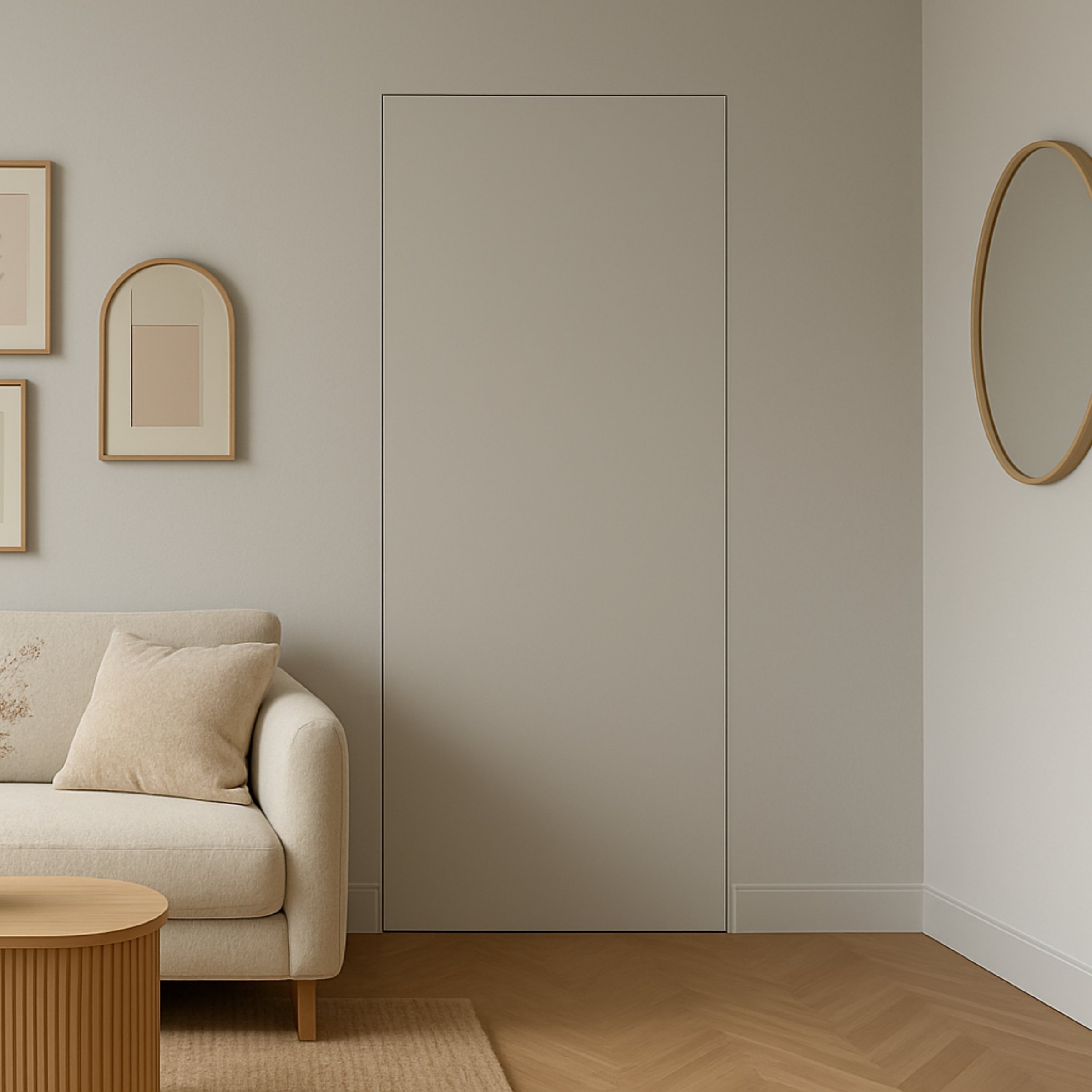 Living room with beige sofa, wooden coffee table, beige cushions, wall art with frames, a closed door, and a round mirror.