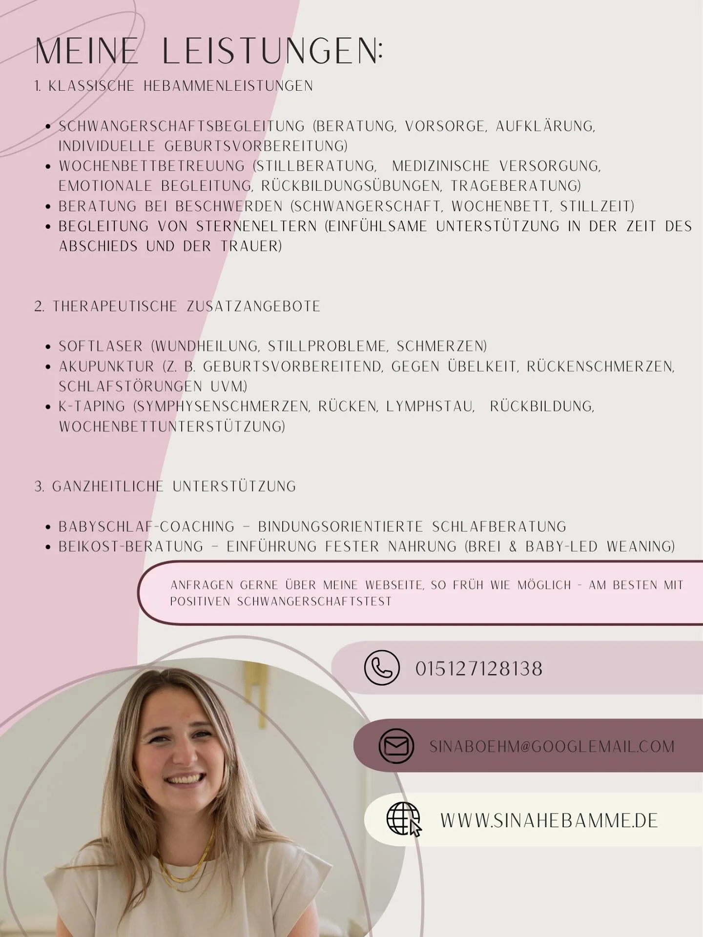 ✨ Als Hebamme begleite ich dich nicht nur in Schwangerschaft und Wochenbett, sondern biete dir auch ganzheitliche Unterst&uuml;tzung an:
💫 Softlaser &amp; Akupunktur
💫 K-Taping
💫 Babyschlaf- &amp; Beikostberatung
💫 Einf&uuml;hlsame Begleitung von