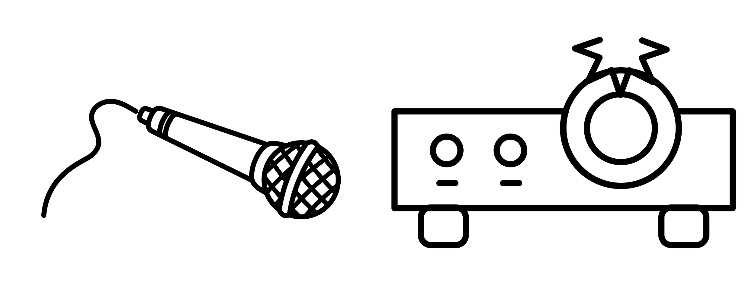 Illustration en ligne d'un microphone connecté à une caisse de son. La caisse a des boutons, deux haut-parleurs et des supports.