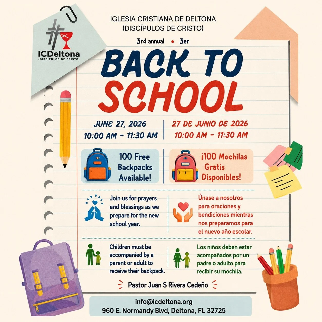 🎒📚 &iexcl;Back to School 2026! 📚🎒

Con mucha alegr&iacute;a, nuestra Iglesia Cristiana de Deltona (Disc&iacute;pulos de Cristo) estar&aacute; bendiciendo a nuestra comunidad con la entrega de 100 mochilas gratuitas para el regreso a clases.

📅 S