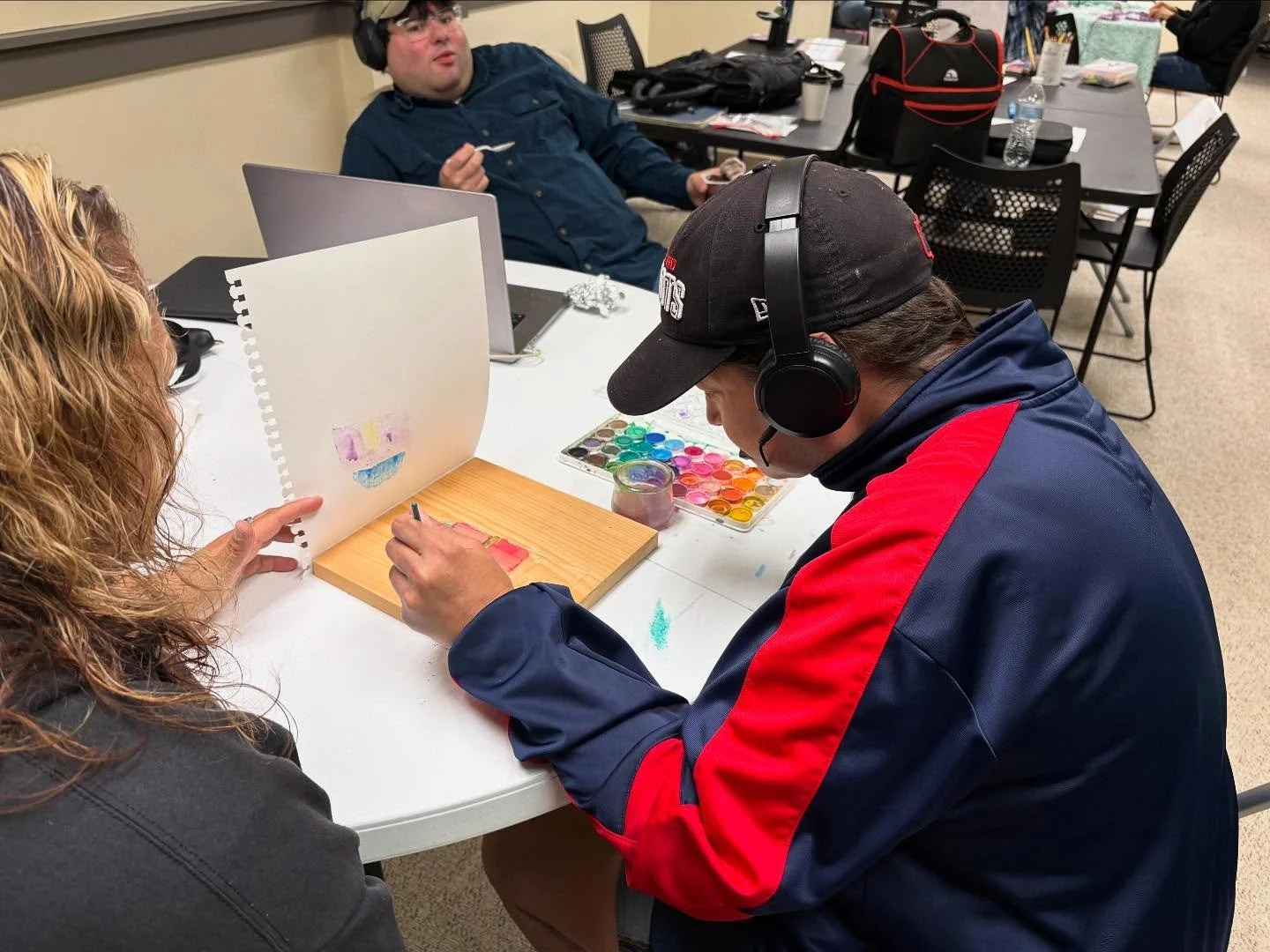 Artists at work&mdash; pictures 1 &amp; 2 are of Steph working on a white line carving/water color print. Picture 3 is Graham working on a math mosaic. 
.
.
.
#art #artists #artistsatwork