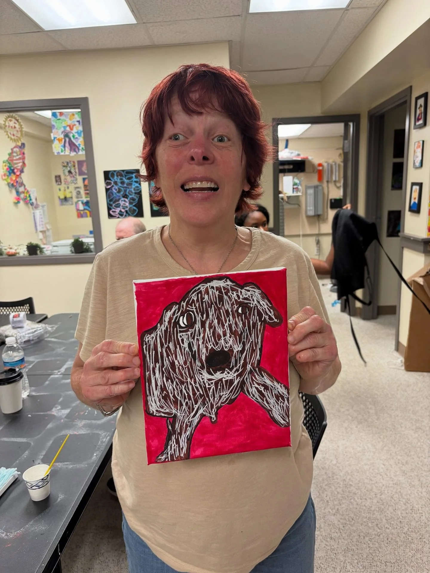 Pet portraits!
1. Australian cattle dog by Amy E. Marker on canvas. 
2. Kitten by Kim. Yarn on canvas. 
3. Gizmo (the Shi tzu) by Pam. 
4. Hazel (long haired dachshund) by Eddie and Amy. 

#yarnart #petportrait #art
