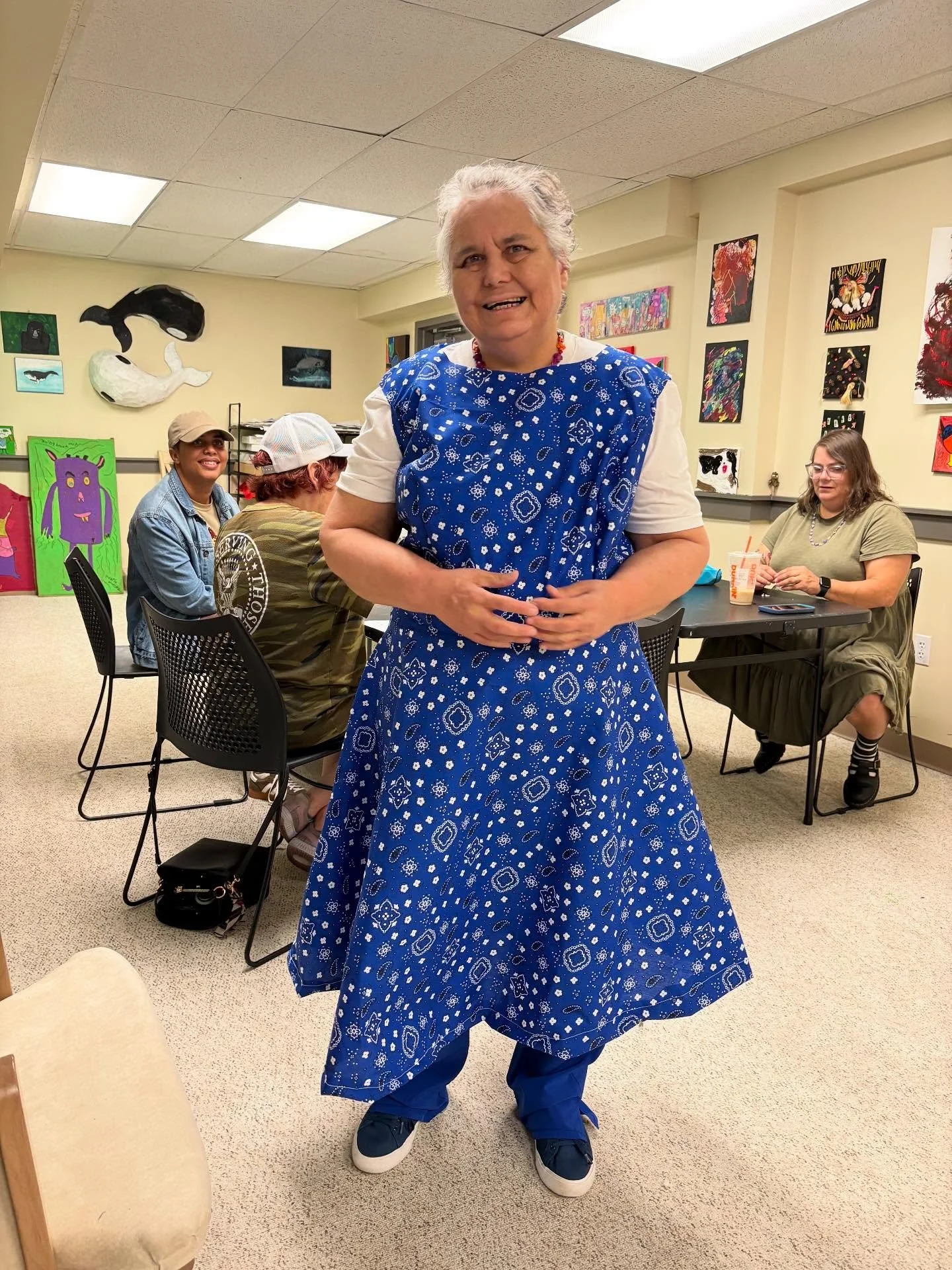 A week of sewing projects!
1. Gail made a blue paisley dress. 
2. Ashley made the letter A out of soft fabric and stuffing. We sprinkled essential oils on it for some aromatherapy. 
3. Adam made a cyanotype tote bag. 
.
.
.
#cyanotype #sewing #crafti