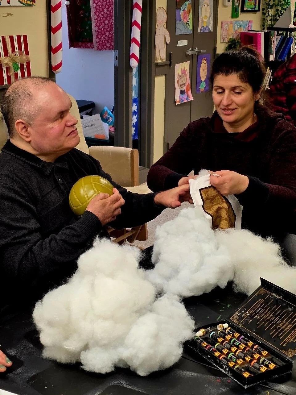 Ken and Scott made scented pillows! Ken added coffee scent and Scott added eucalyptus. 
.
.
.
#pillow #crafting #sensoryart