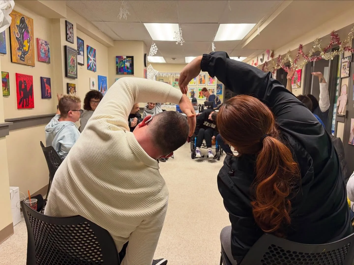 Rainy Mondays are great for chair yoga and art with friends!
Slide 1 &amp; 2 - chair yoga taught by Lisa
Slide 3 &amp; 4 - Norma, Melissa, and Ashley decorated small vases, then we sculpted little succulents with air dry clay. Lastly, we filled the v